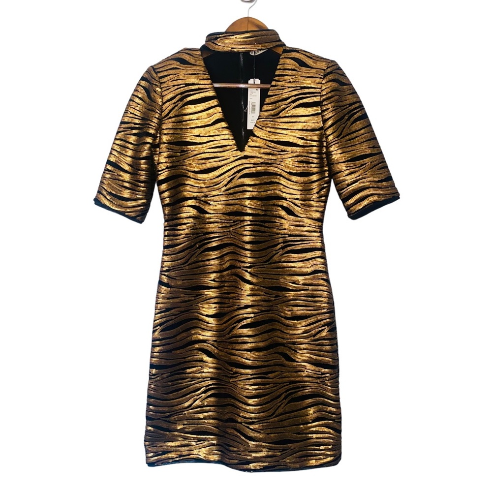 Alice & Olivia Gold Bronze Sequin Stripe Velvet Inka Evening Mini Dress - Picture 2 of 16